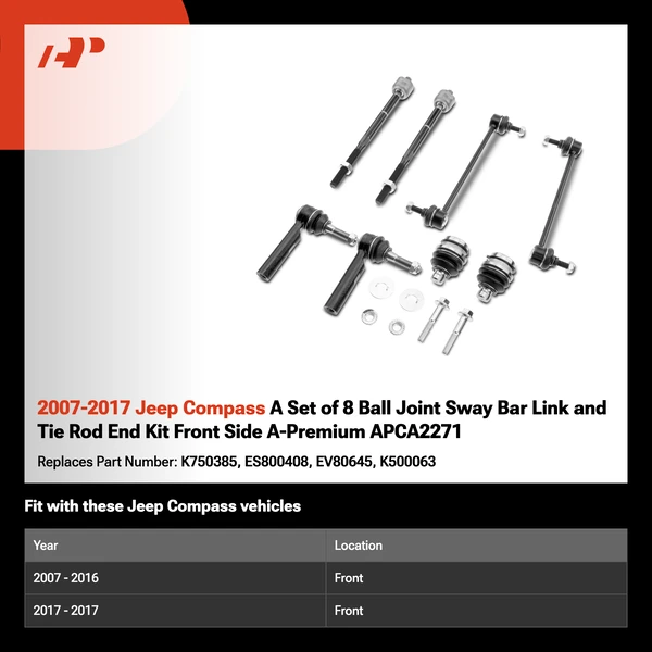 2007-2017 Jeep Compass A Set of 8 Ball Joint Sway Bar Link and Tie Rod End Kit Front Side A-Premium APCA2271