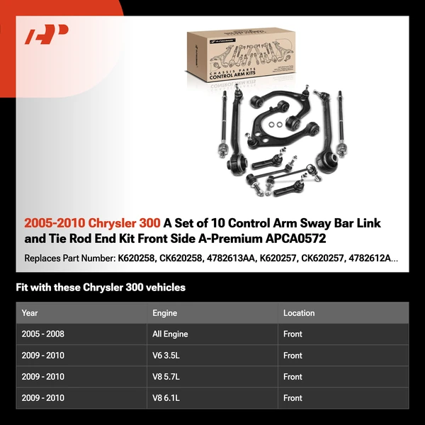 2005-2010 Chrysler 300 A Set of 10 Control Arm Sway Bar Link and Tie Rod End Kit Front Side A-Premium APCA0572