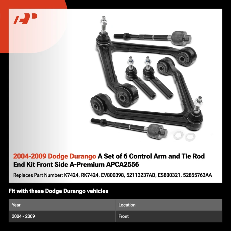 2004-2009 Dodge Durango A Set of 6 Control Arm and Tie Rod End Kit Front Side A-Premium APCA2556
