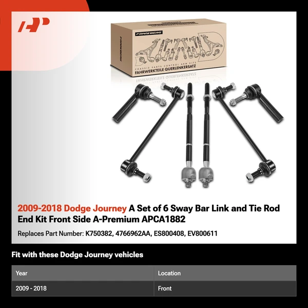 2009-2018 Dodge Journey A Set of 6 Sway Bar Link and Tie Rod End Kit Front Side A-Premium APCA1882
