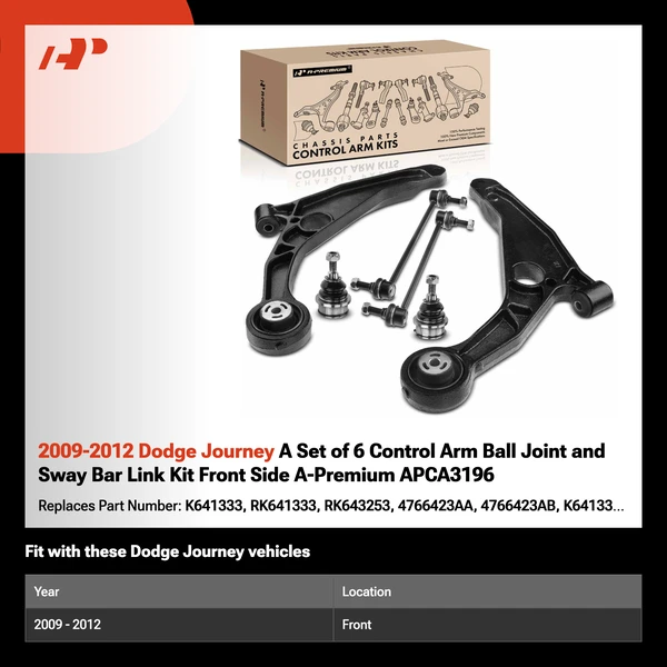 2009-2012 Dodge Journey A Set of 6 Control Arm Ball Joint and Sway Bar Link Kit Front Side A-Premium APCA3196