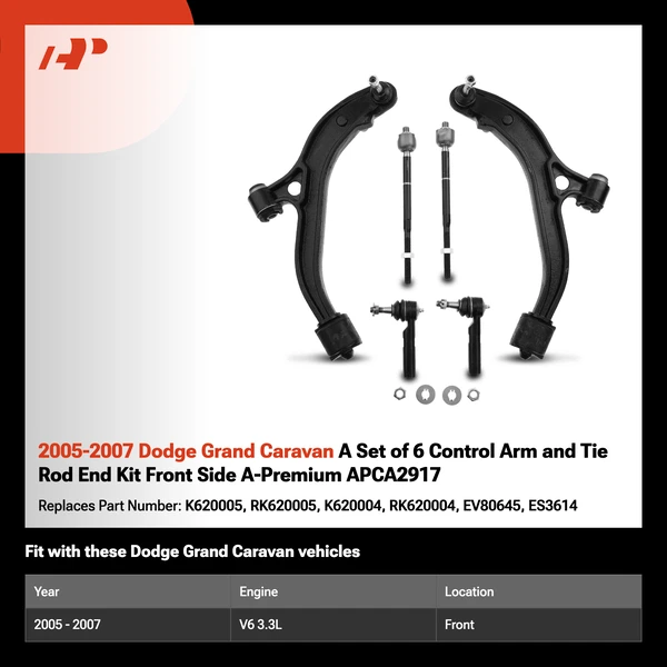 2005-2007 Dodge Grand Caravan A Set of 6 Control Arm and Tie Rod End Kit Front Side A-Premium APCA2917