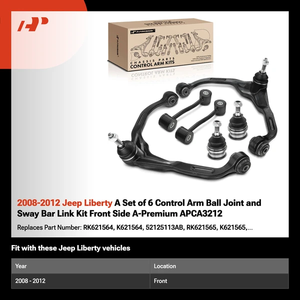 2008-2012 Jeep Liberty A Set of 6 Control Arm Ball Joint and Sway Bar Link Kit Front Side A-Premium APCA3212