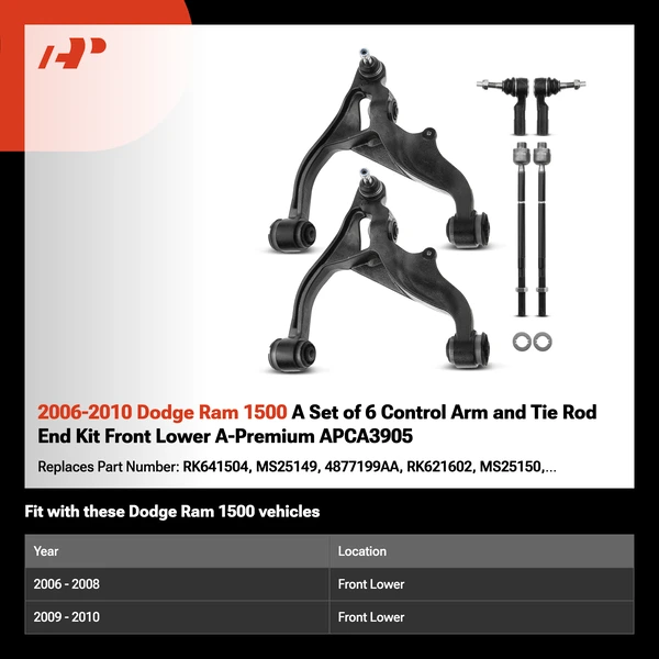 2006-2010 Dodge Ram 1500 A Set of 6 Control Arm and Tie Rod End Kit Front Lower A-Premium APCA3905