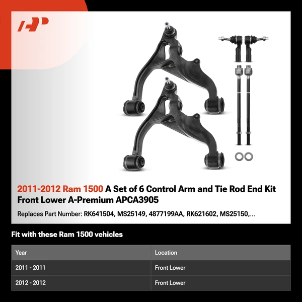 2011-2012 Ram 1500 A Set of 6 Control Arm and Tie Rod End Kit Front Lower A-Premium APCA3905
