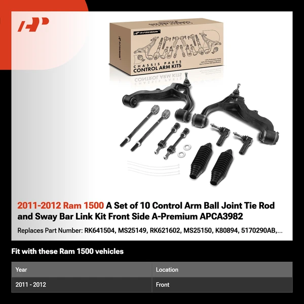 2011-2012 Ram 1500 A Set of 10 Control Arm Ball Joint Tie Rod and Sway Bar Link Kit Front Side A-Premium APCA3982