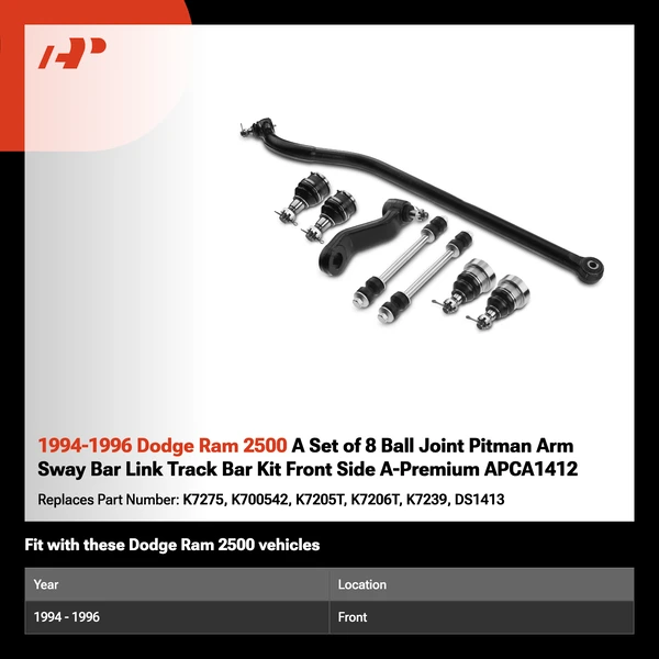 1994-1996 Dodge Ram 2500 A Set of 8 Ball Joint Pitman Arm Sway Bar Link Track Bar Kit Front Side A-Premium APCA1412