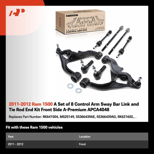 2011-2012 Ram 1500 A Set of 8 Control Arm Sway Bar Link and Tie Rod End Kit Front Side A-Premium APCA4048