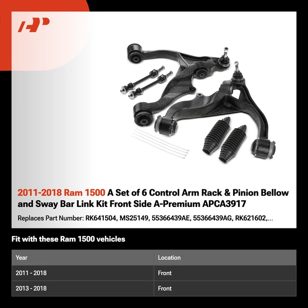 2011-2018 Ram 1500 A Set of 6 Control Arm Rack & Pinion Bellow and Sway Bar Link Kit Front Side A-Premium APCA3917