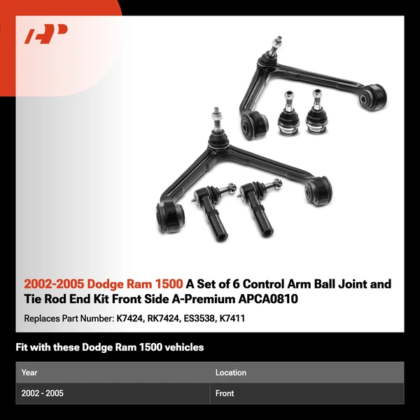 2002-2005 Dodge Ram 1500 A Set of 6 Control Arm Ball Joint and Tie Rod End Kit Front Side A-Premium APCA0810