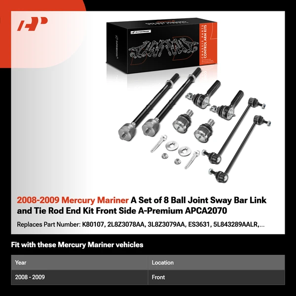 2008-2009 Mercury Mariner A Set of 8 Ball Joint Sway Bar Link and Tie Rod End Kit Front Side A-Premium APCA2070