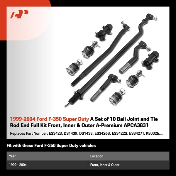 1999-2004 Ford F-350 Super Duty A Set of 10 Ball Joint and Tie Rod End Full Kit Front, Inner & Outer A-Premium APCA3831