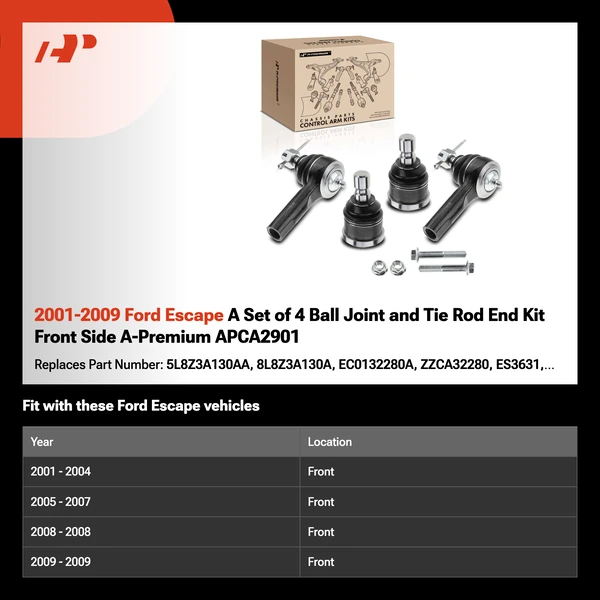 2001-2009 Ford Escape A Set of 4 Ball Joint and Tie Rod End Kit Front Side A-Premium APCA2901