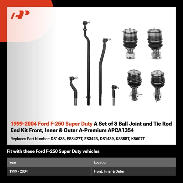 1999-2004 Ford F-250 Super Duty A Set of 8 Ball Joint and Tie Rod End Kit Front, Inner & Outer A-Premium APCA1354