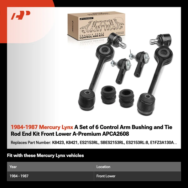 1984-1987 Mercury Lynx A Set of 6 Control Arm Bushing and Tie Rod End Kit Front Lower A-Premium APCA2608