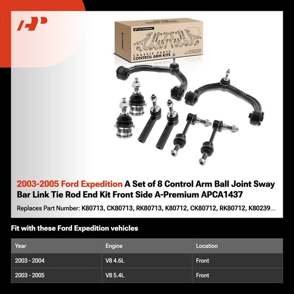 2003-2005 Ford Expedition A Set of 8 Control Arm Ball Joint Sway Bar Link Tie Rod End Kit Front Side A-Premium APCA1437