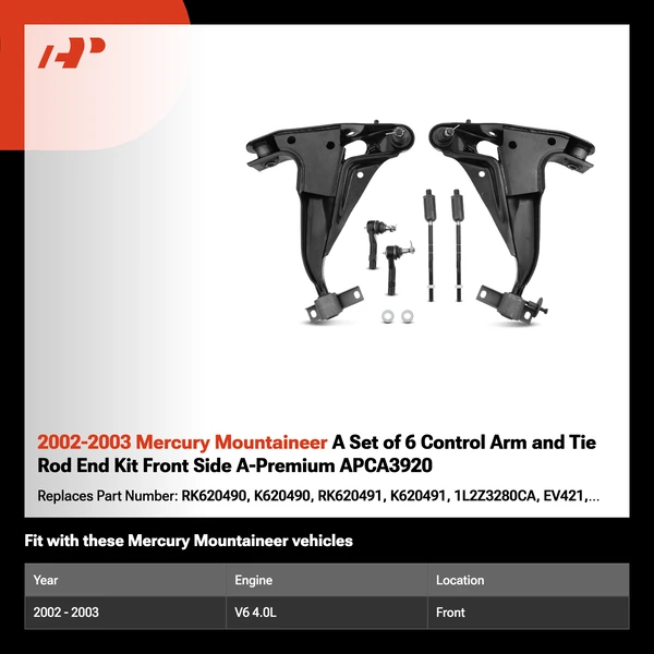 2002-2003 Mercury Mountaineer A Set of 6 Control Arm and Tie Rod End Kit Front Side A-Premium APCA3920