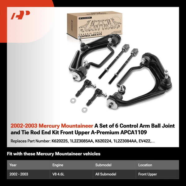 2002-2003 Mercury Mountaineer A Set of 6 Control Arm Ball Joint and Tie Rod End Kit Front Upper A-Premium APCA1109