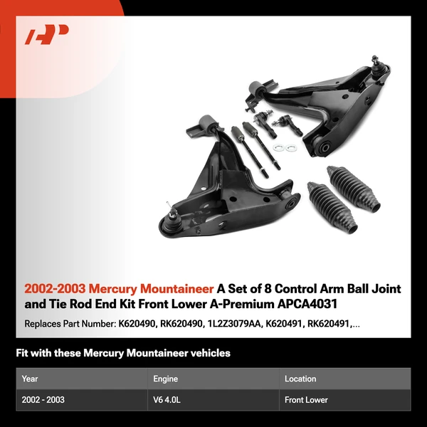 2002-2003 Mercury Mountaineer A Set of 8 Control Arm Ball Joint and Tie Rod End Kit Front Lower A-Premium APCA4031