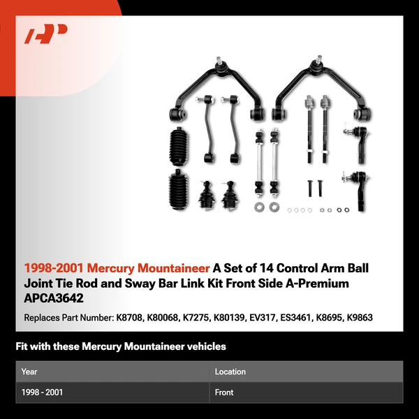 1998-2001 Mercury Mountaineer A Set of 14 Control Arm Ball Joint Tie Rod and Sway Bar Link Kit Front Side A-Premium APCA3642