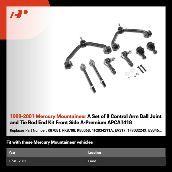 1998-2001 Mercury Mountaineer A Set of 8 Control Arm Ball Joint and Tie Rod End Kit Front Side A-Premium APCA1418