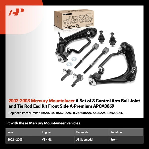 2002-2003 Mercury Mountaineer A Set of 8 Control Arm Ball Joint and Tie Rod End Kit Front Side A-Premium APCA0869
