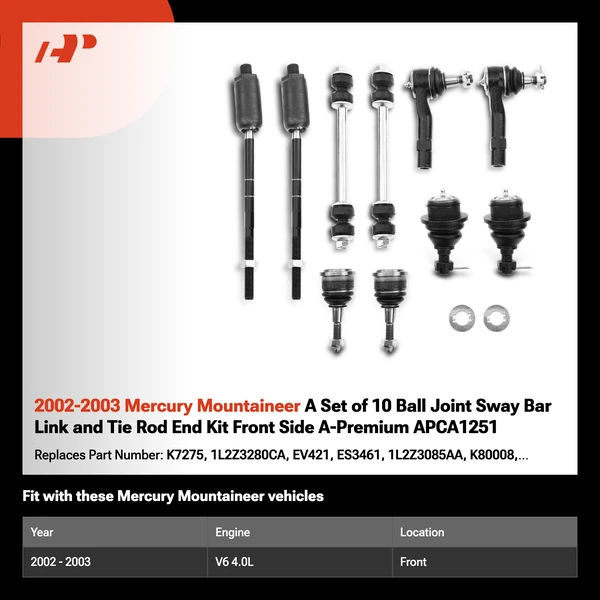 2002-2003 Mercury Mountaineer A Set of 10 Ball Joint Sway Bar Link and Tie Rod End Kit Front Side A-Premium APCA1251