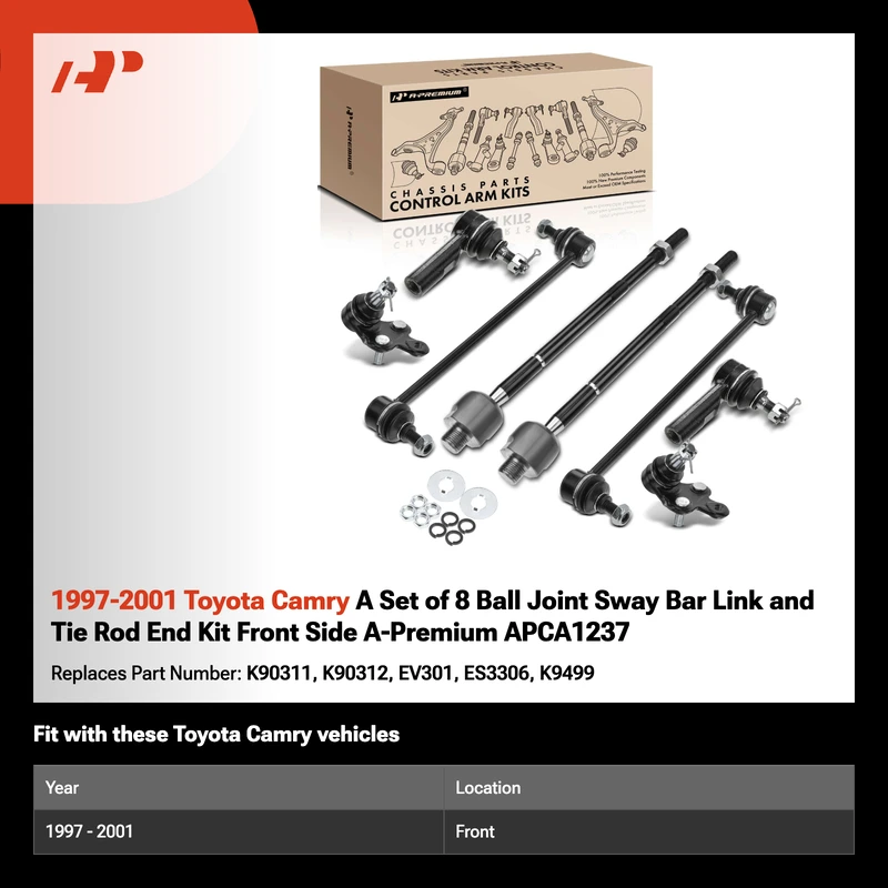 1997-2001 Toyota Camry A Set of 8 Ball Joint Sway Bar Link and Tie Rod End Kit Front Side A-Premium APCA1237