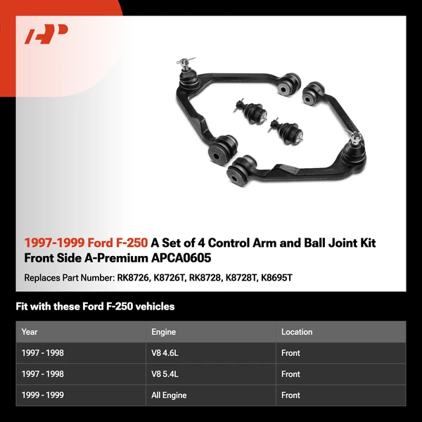 1997-1999 Ford F-250 A Set of 4 Control Arm and Ball Joint Kit Front Side A-Premium APCA0605