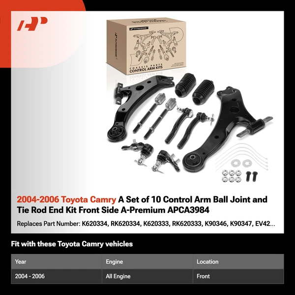 2004-2006 Toyota Camry A Set of 10 Control Arm Ball Joint and Tie Rod End Kit Front Side A-Premium APCA3984