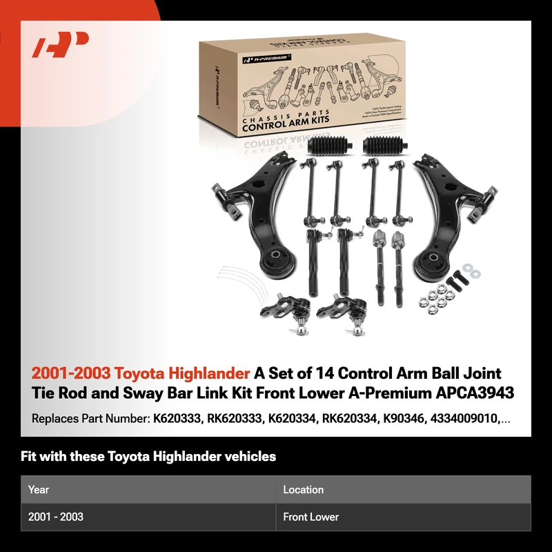 2001-2003 Toyota Highlander A Set of 14 Control Arm Ball Joint Tie Rod and Sway Bar Link Kit Front Lower A-Premium APCA3943