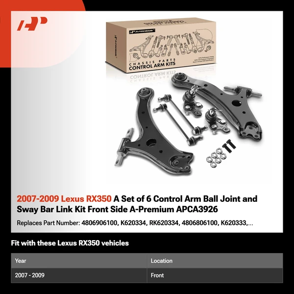 2007-2009 Lexus RX350 A Set of 6 Control Arm Ball Joint and Sway Bar Link Kit Front Side A-Premium APCA3926