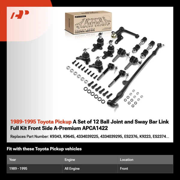 1989-1995 Toyota Pickup A Set of 12 Ball Joint and Sway Bar Link Full Kit Front Side A-Premium APCA1422