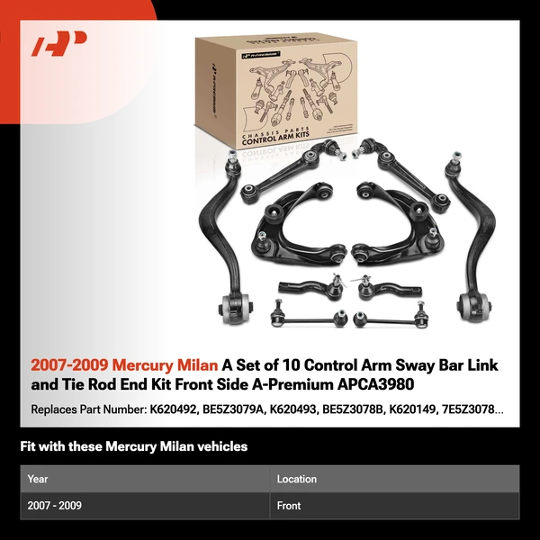2007-2009 Mercury Milan A Set of 10 Control Arm Sway Bar Link and Tie Rod End Kit Front Side A-Premium APCA3980