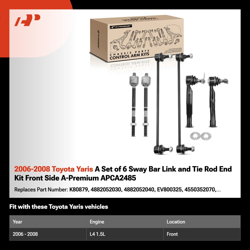 2006-2008 Toyota Yaris A Set of 6 Sway Bar Link and Tie Rod End Kit Front Side A-Premium APCA2485