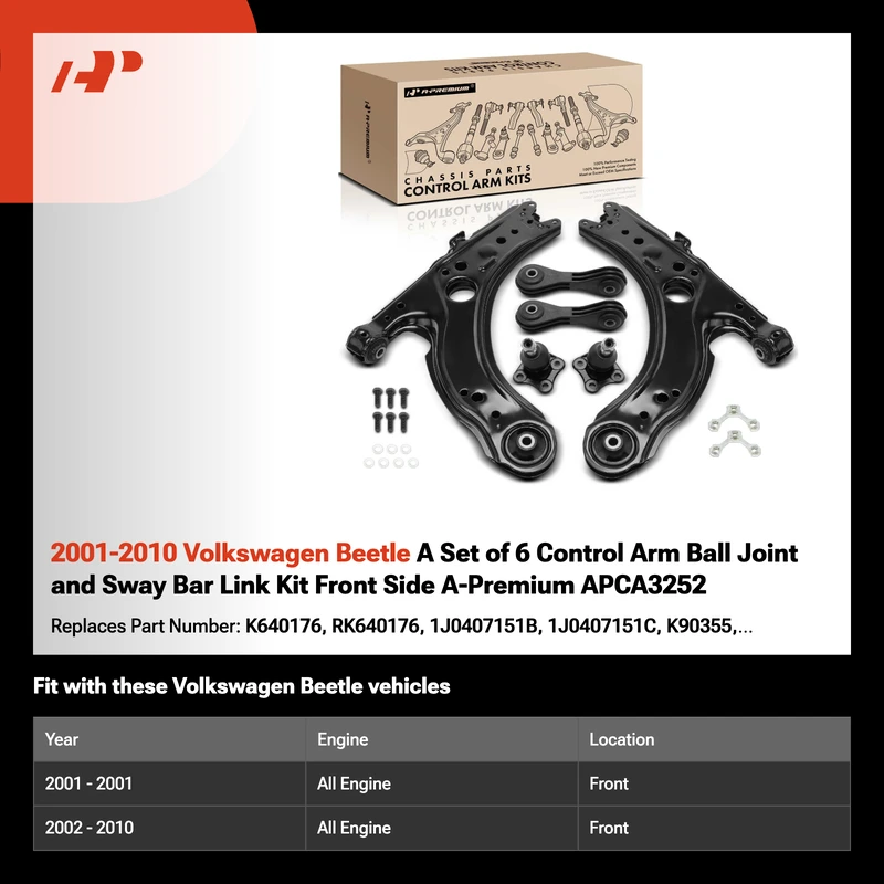2001-2010 Volkswagen Beetle A Set of 6 Control Arm Ball Joint and Sway Bar Link Kit Front Side A-Premium APCA3252