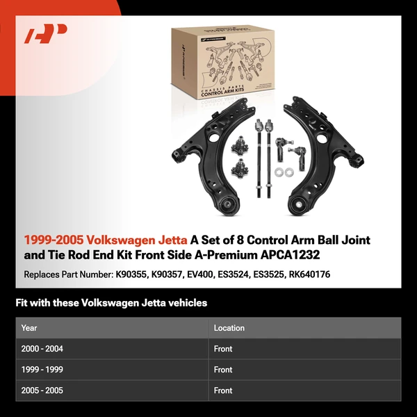 1999-2005 Volkswagen Jetta A Set of 8 Control Arm Ball Joint and Tie Rod End Kit Front Side A-Premium APCA1232