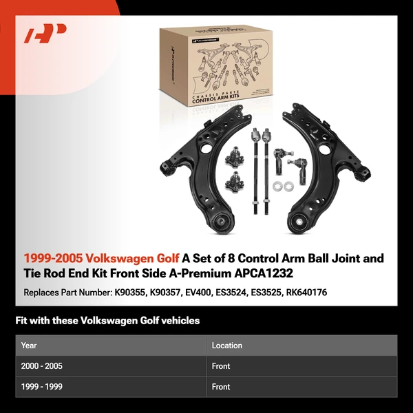 1999-2005 Volkswagen Golf A Set of 8 Control Arm Ball Joint and Tie Rod End Kit Front Side A-Premium APCA1232