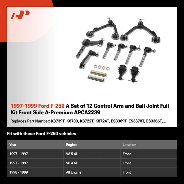 1997-1999 Ford F-250 A Set of 12 Control Arm and Ball Joint Full Kit Front Side A-Premium APCA2239