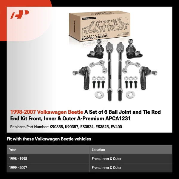 1998-2007 Volkswagen Beetle A Set of 6 Ball Joint and Tie Rod End Kit Front, Inner & Outer A-Premium APCA1231