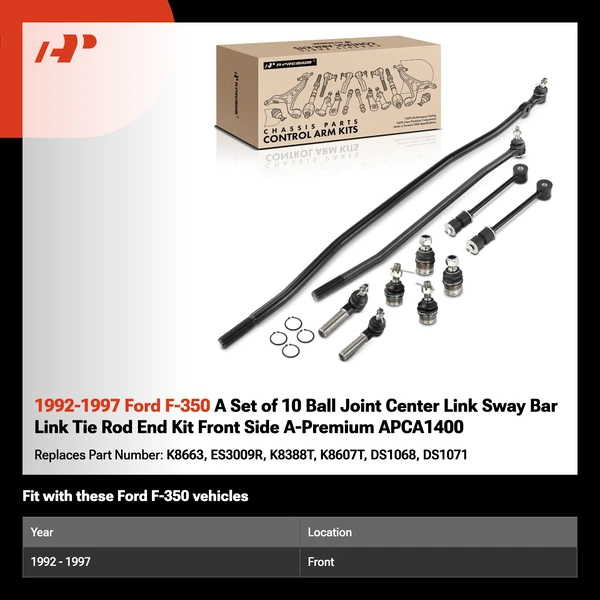 1992-1997 Ford F-350 A Set of 10 Ball Joint Center Link Sway Bar Link Tie Rod End Kit Front Side A-Premium APCA1400