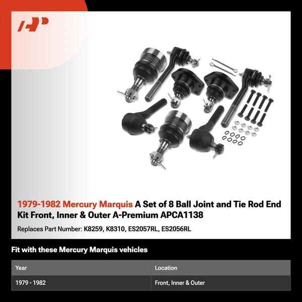 1979-1982 Mercury Marquis A Set of 8 Ball Joint and Tie Rod End Kit Front, Inner & Outer A-Premium APCA1138