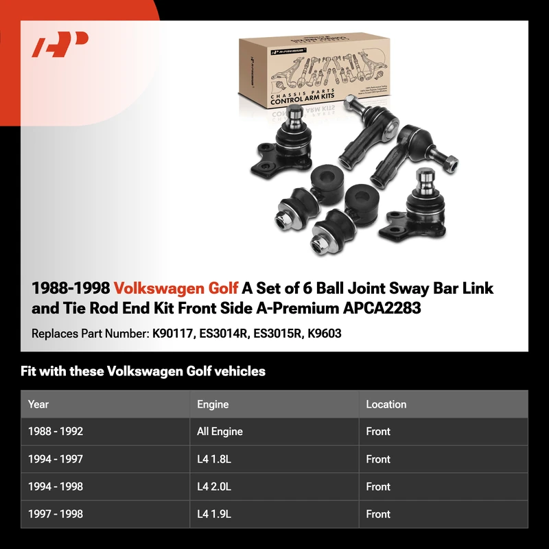 1988-1998 Volkswagen Golf A Set of 6 Ball Joint Sway Bar Link and Tie Rod End Kit Front Side A-Premium APCA2283