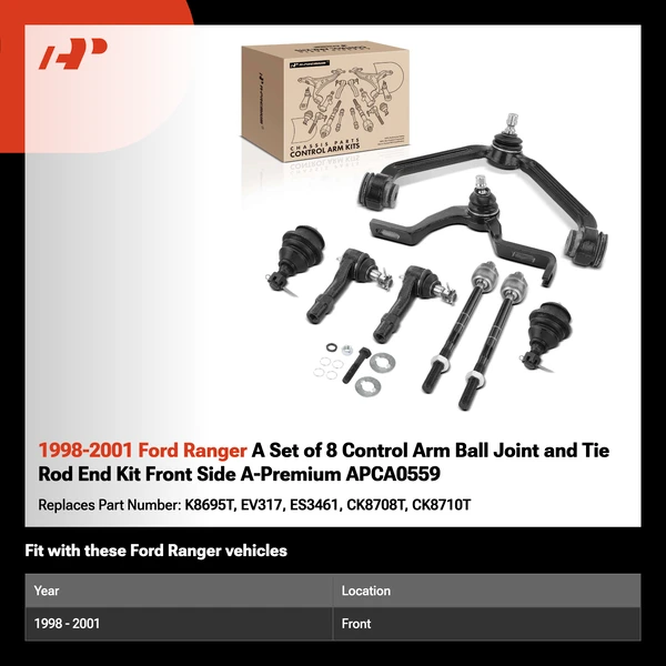 1998-2001 Ford Ranger A Set of 8 Control Arm Ball Joint and Tie Rod End Kit Front Side A-Premium APCA0559