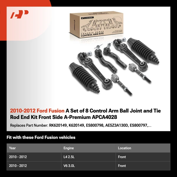 2010-2012 Ford Fusion A Set of 8 Control Arm Ball Joint and Tie Rod End Kit Front Side A-Premium APCA4028
