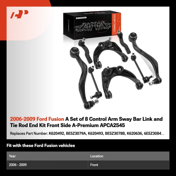2006-2009 Ford Fusion A Set of 8 Control Arm Sway Bar Link and Tie Rod End Kit Front Side A-Premium APCA2545