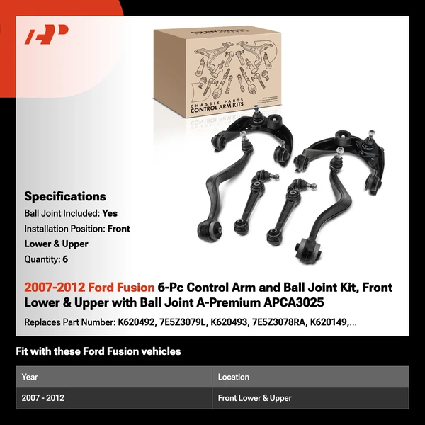 2007-2012 Ford Fusion 6-Pc Control Arm and Ball Joint Kit, Front Lower & Upper with Ball Joint A-Premium APCA3025