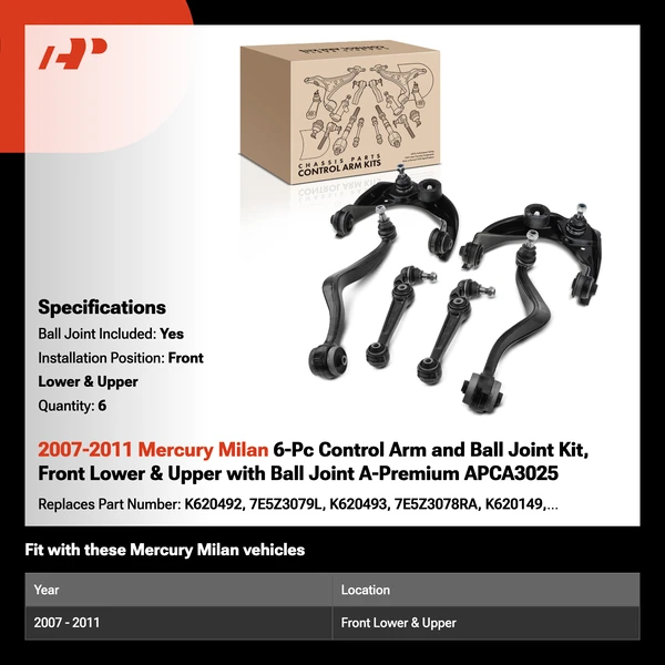 2007-2011 Mercury Milan 6-Pc Control Arm and Ball Joint Kit, Front Lower & Upper with Ball Joint A-Premium APCA3025