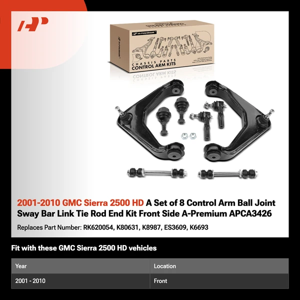 2001-2010 GMC Sierra 2500 HD A Set of 8 Control Arm Ball Joint Sway Bar Link Tie Rod End Kit Front Side A-Premium APCA3426