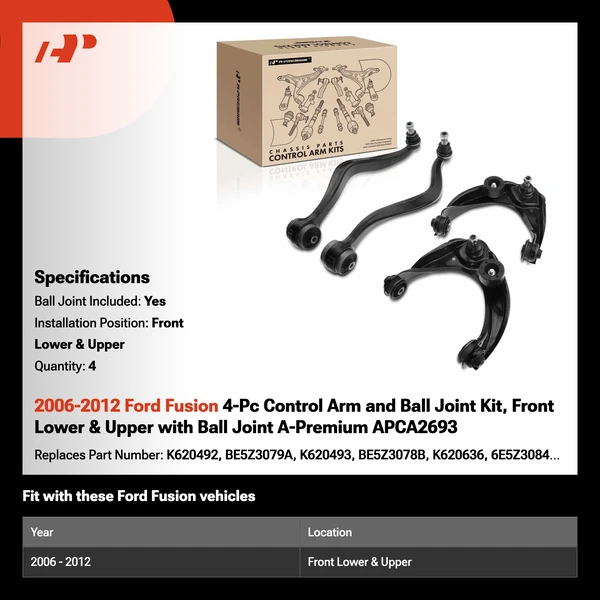 2006-2012 Ford Fusion 4-Pc Control Arm and Ball Joint Kit, Front Lower & Upper with Ball Joint A-Premium APCA2693